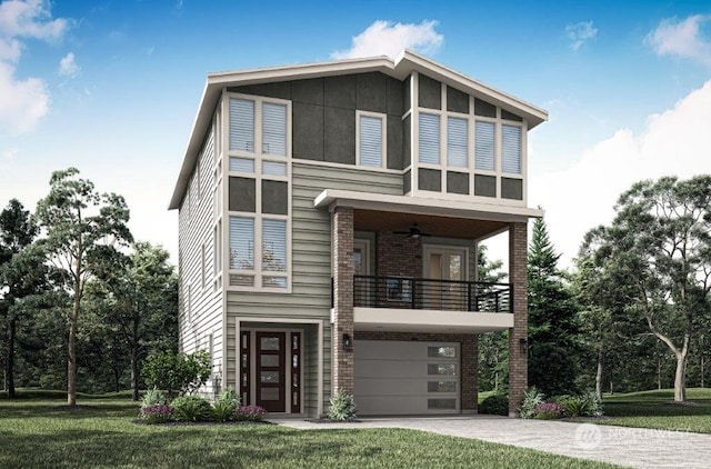 view of front of house featuring a balcony, a garage, a front lawn, and ceiling fan