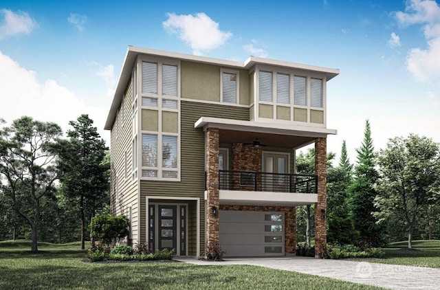 contemporary house featuring ceiling fan, a balcony, a front lawn, and a garage