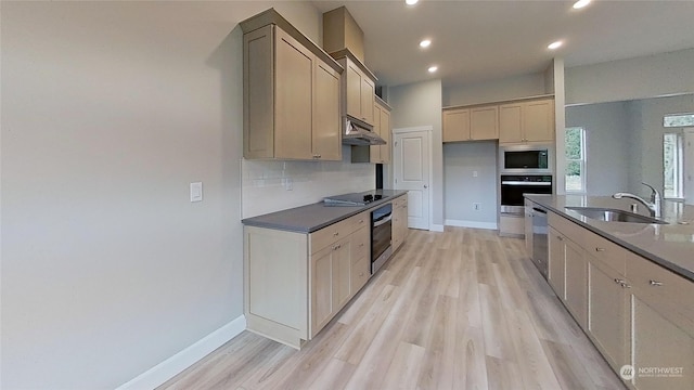 kitchen featuring tasteful backsplash, sink, light hardwood / wood-style flooring, and appliances with stainless steel finishes