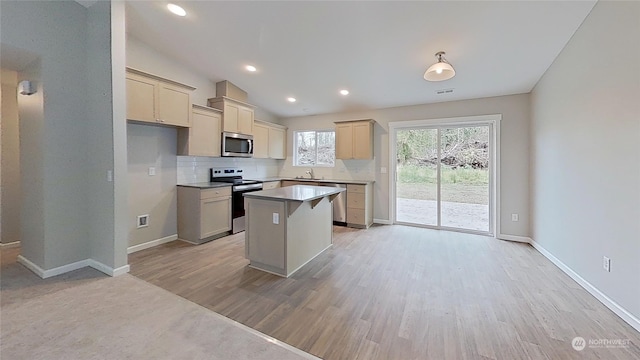 kitchen with sink, a center island, appliances with stainless steel finishes, light hardwood / wood-style floors, and backsplash