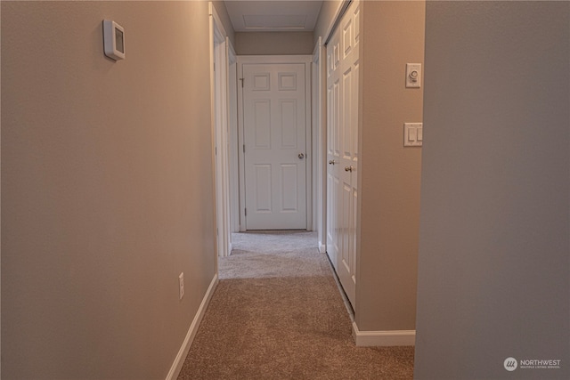 hallway featuring light carpet