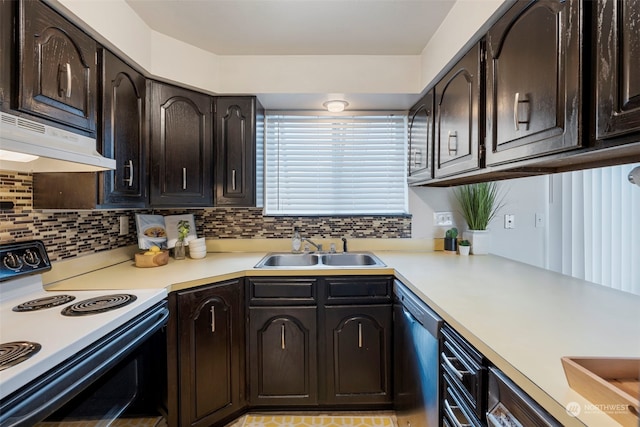 kitchen with sink, backsplash, stainless steel dishwasher, white electric range oven, and ventilation hood