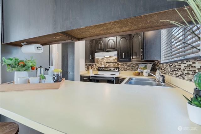 kitchen featuring stainless steel electric stove, kitchen peninsula, tasteful backsplash, dark brown cabinets, and sink