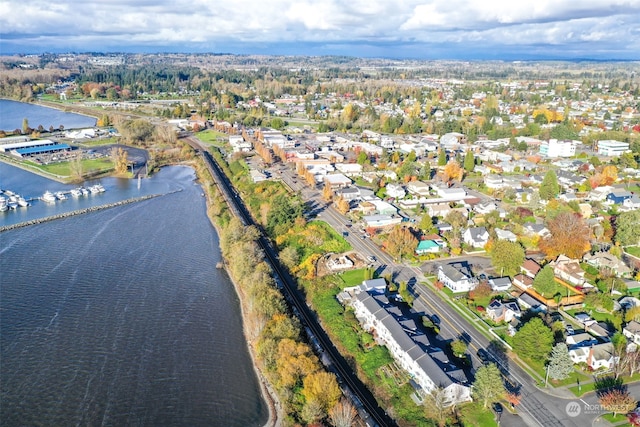 drone / aerial view featuring a water view