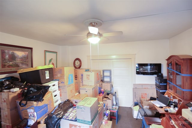 office area with ceiling fan and carpet floors