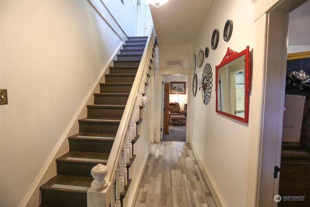 staircase with hardwood / wood-style flooring