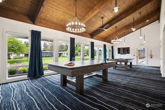 recreation room featuring beam ceiling, dark carpet, wooden ceiling, a notable chandelier, and a wealth of natural light