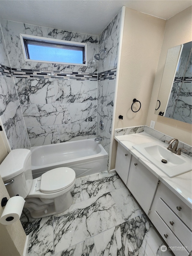 bathroom with vanity, shower / bathing tub combination, toilet, and marble finish floor