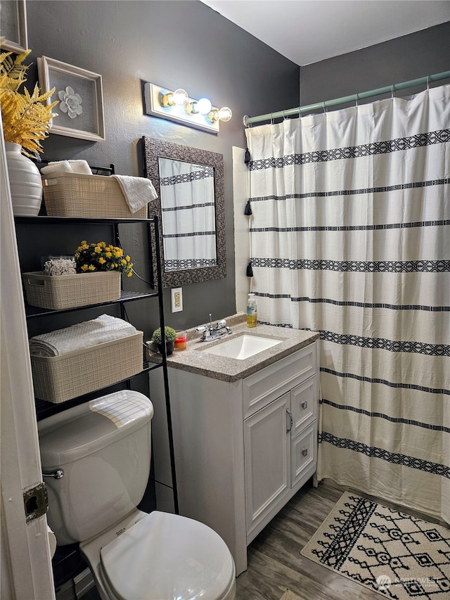 bathroom with vanity, toilet, and wood-type flooring