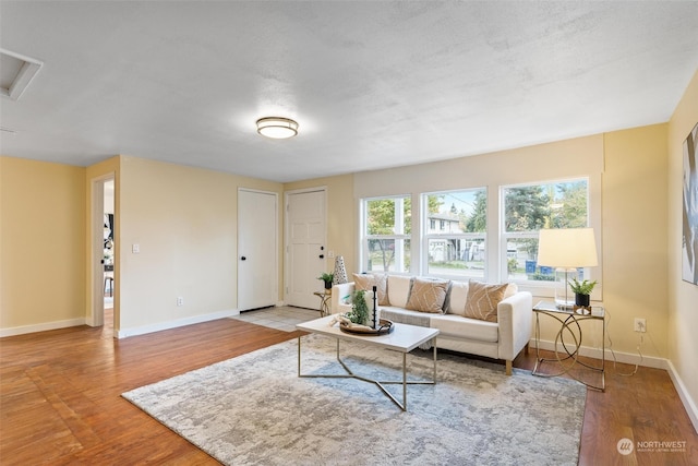 living room with a textured ceiling and light wood-type flooring