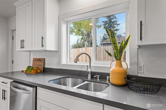 kitchen with stainless steel dishwasher, white cabinetry, and sink