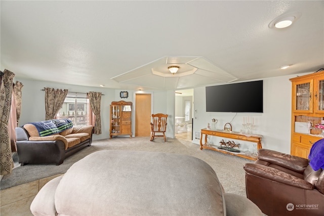 carpeted living room with a textured ceiling