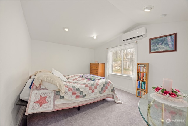 bedroom featuring carpet flooring, a wall mounted AC, and lofted ceiling