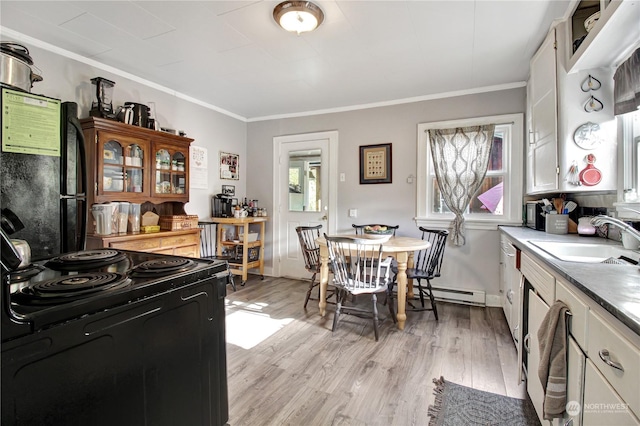 dining space featuring sink, ornamental molding, a baseboard radiator, and light hardwood / wood-style flooring