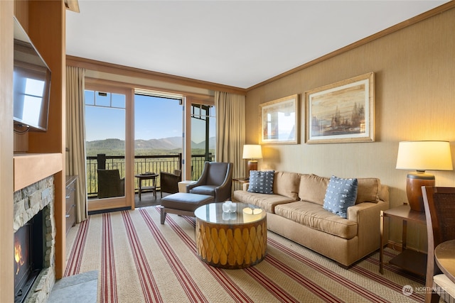 living room with a mountain view, ornamental molding, and a stone fireplace