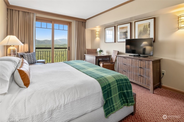 bedroom featuring access to exterior, crown molding, and dark carpet