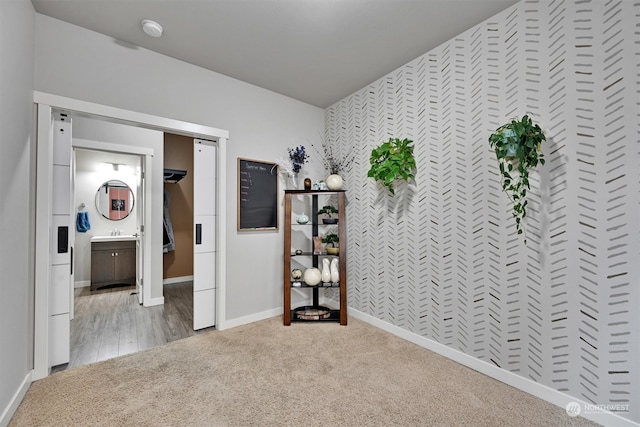 unfurnished bedroom featuring carpet floors, ensuite bath, and sink