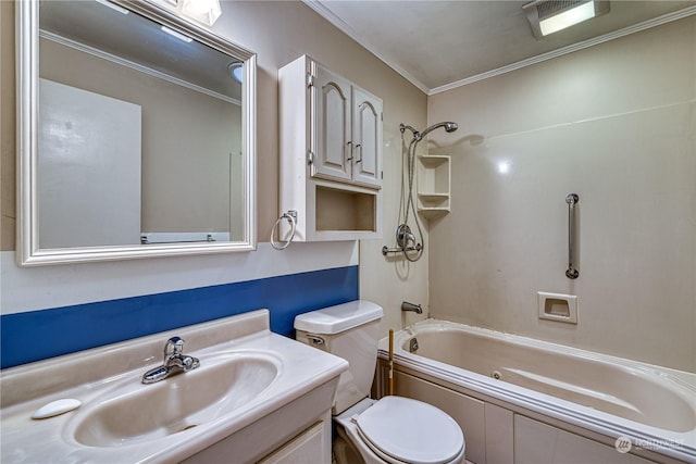 bathroom with visible vents, shower / bathing tub combination, toilet, ornamental molding, and vanity