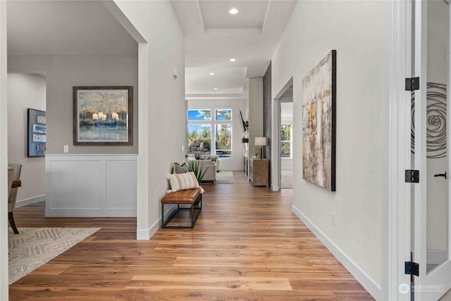 hall featuring a raised ceiling and light hardwood / wood-style flooring