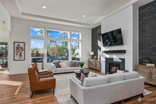 living room with hardwood / wood-style floors, a healthy amount of sunlight, and a fireplace