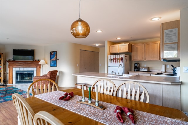 dining area featuring sink, light hardwood / wood-style flooring, and a tiled fireplace