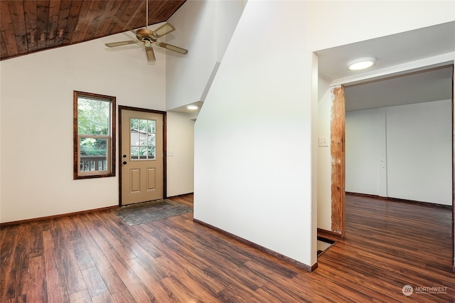 foyer with high vaulted ceiling, ceiling fan, wood ceiling, and dark hardwood / wood-style floors