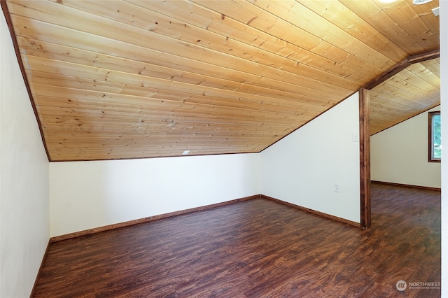 bonus room featuring dark hardwood / wood-style flooring, lofted ceiling, and wood ceiling