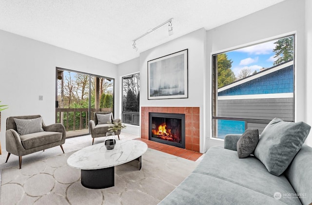 living room with a fireplace, a textured ceiling, and rail lighting