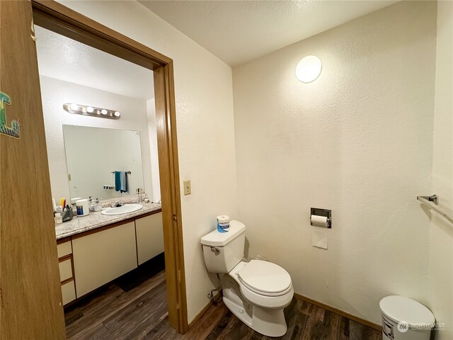 bathroom with hardwood / wood-style floors, vanity, and toilet