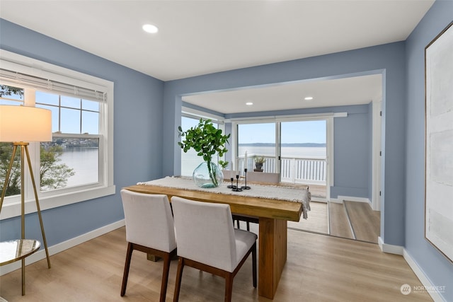 dining room featuring light wood-type flooring, plenty of natural light, and a water view