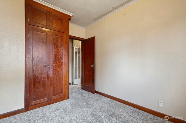 unfurnished bedroom featuring crown molding and light colored carpet