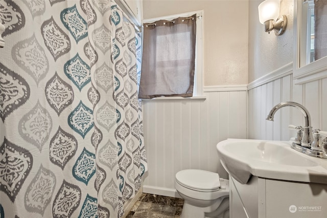 bathroom featuring vanity, a shower with curtain, and toilet