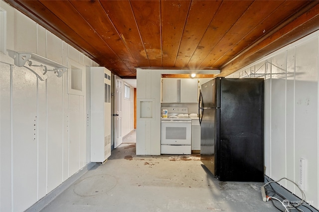 kitchen with white range with electric cooktop, white cabinets, wood ceiling, and black fridge