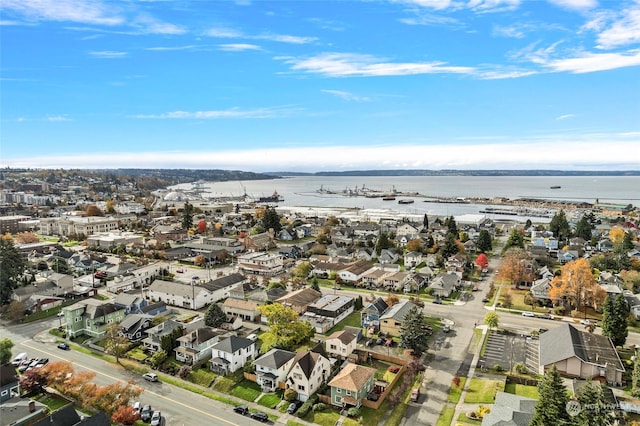 drone / aerial view with a water view