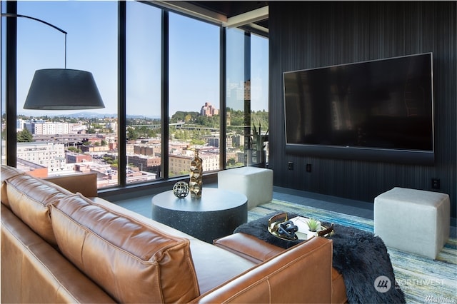 living room with a wall of windows