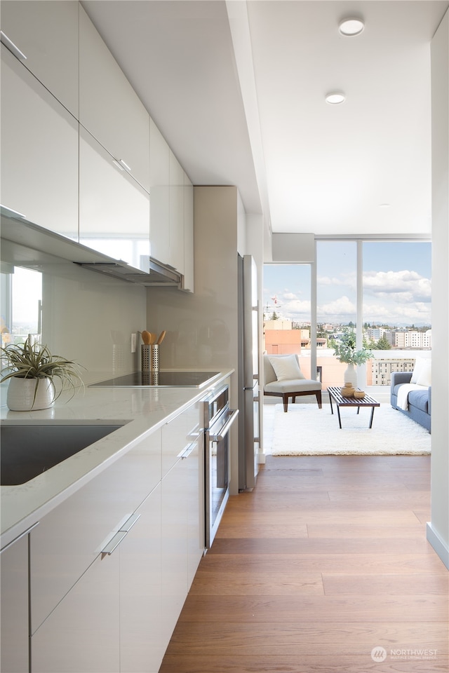 kitchen featuring appliances with stainless steel finishes, light hardwood / wood-style flooring, and white cabinetry