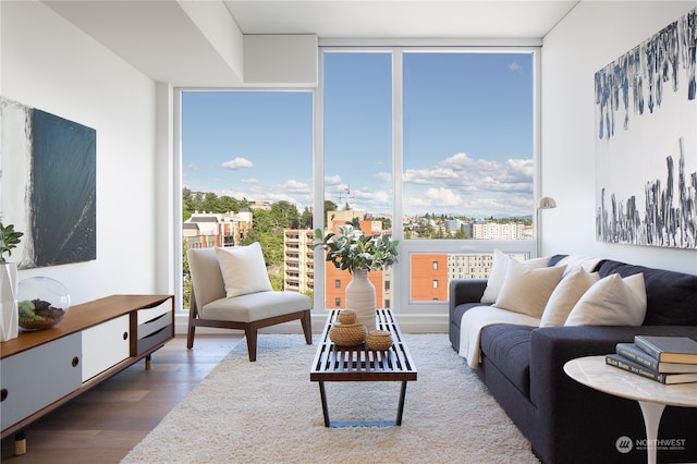 living room with hardwood / wood-style floors and a wall of windows