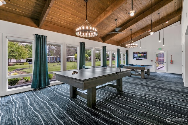 recreation room with wooden ceiling, dark carpet, beam ceiling, high vaulted ceiling, and billiards