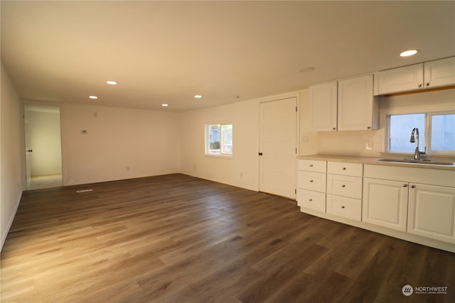 kitchen with white cabinets, wood-type flooring, and sink