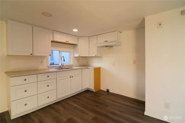 kitchen with sink, white cabinets, and dark wood-type flooring