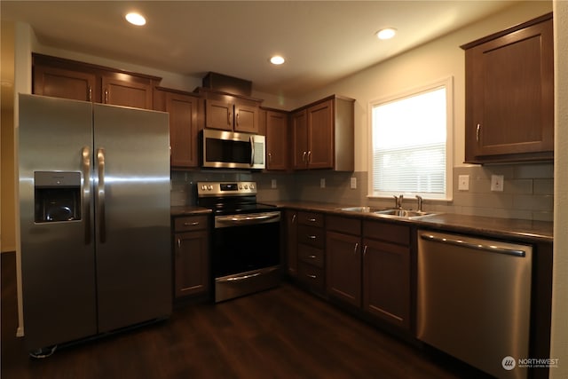 kitchen featuring stainless steel appliances, sink, backsplash, and dark hardwood / wood-style flooring