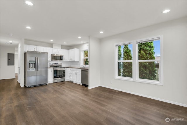 kitchen featuring electric panel, appliances with stainless steel finishes, dark hardwood / wood-style flooring, and white cabinets