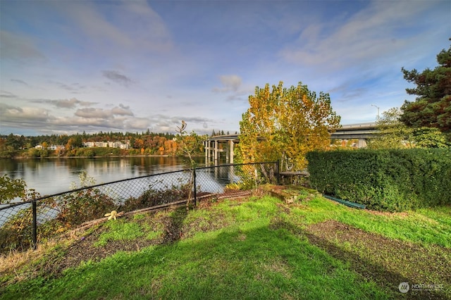 view of yard with a water view