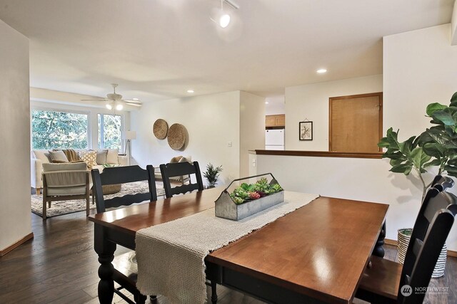 1547 Bismark Ln, Freeland, WA 98249 - dining area featuring dark wood-style flooring, recessed lighting, and a ceiling fan