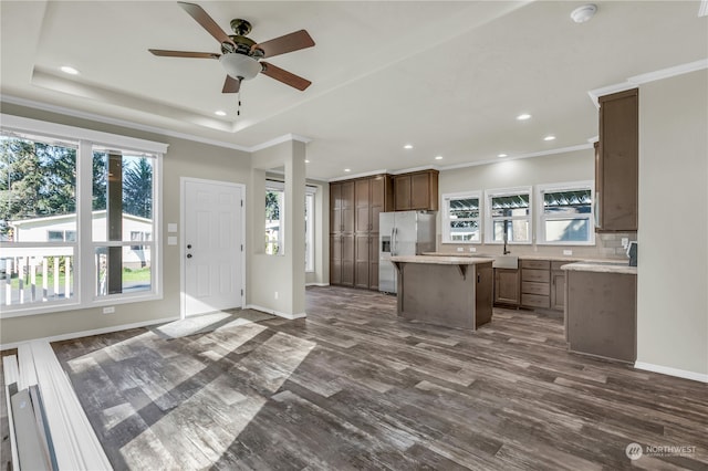 kitchen with dark hardwood / wood-style floors, stainless steel fridge, a center island, and a wealth of natural light