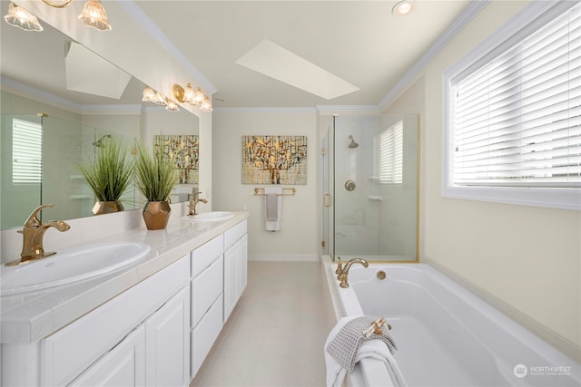 bathroom featuring vanity, independent shower and bath, and ornamental molding