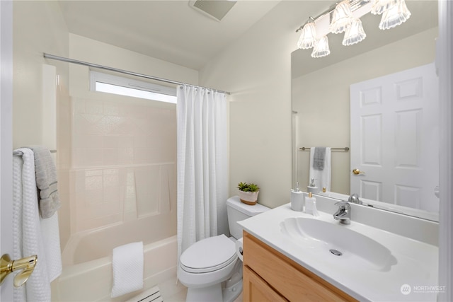 full bathroom with tile patterned floors, shower / bath combo, toilet, a notable chandelier, and vanity