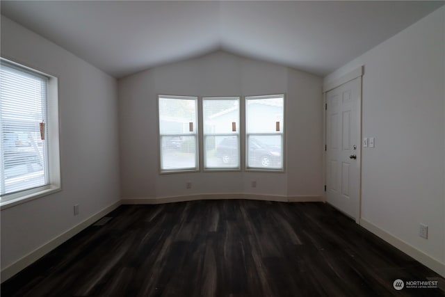 empty room with lofted ceiling, dark hardwood / wood-style floors, and plenty of natural light