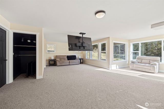 living room featuring carpet floors and baseboards