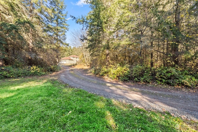 view of street with gravel driveway and a wooded view